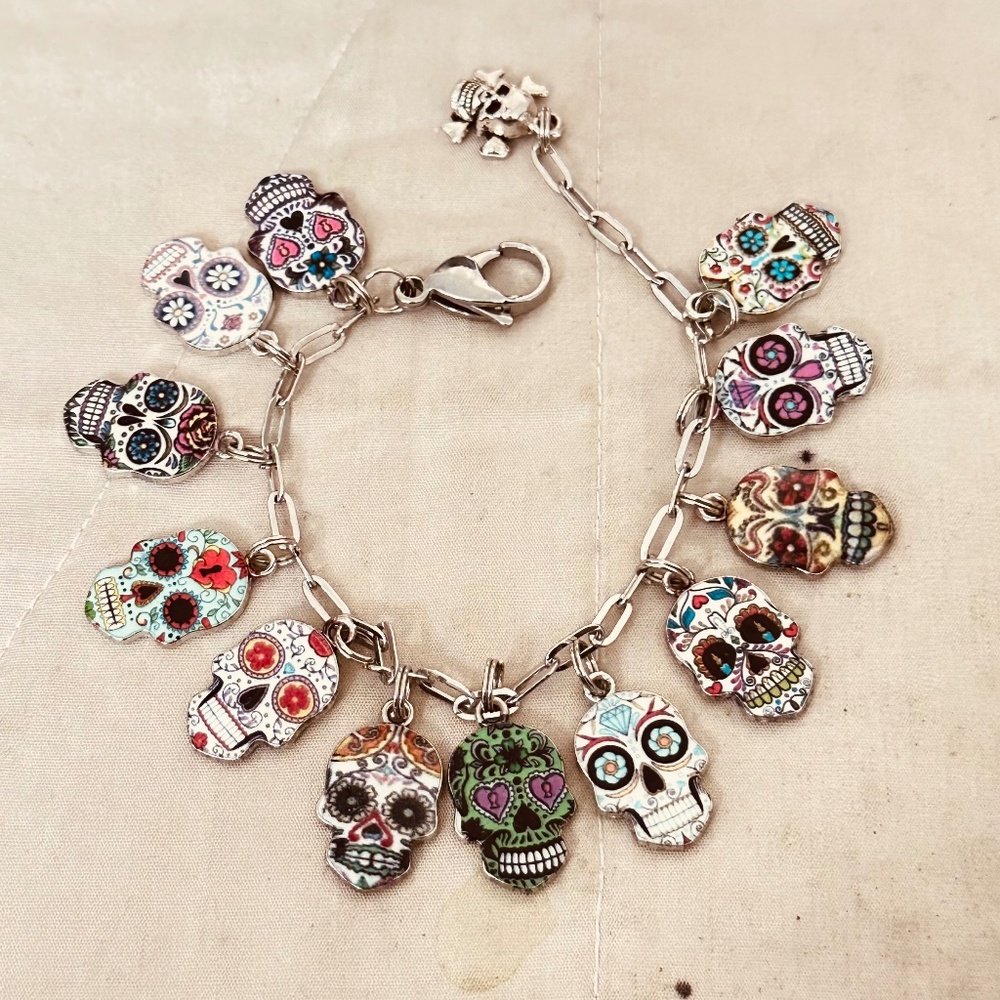 Bracelet/Anklet Stainless Steel Day of the Dead Sugar Skull Charms Hand Crafted